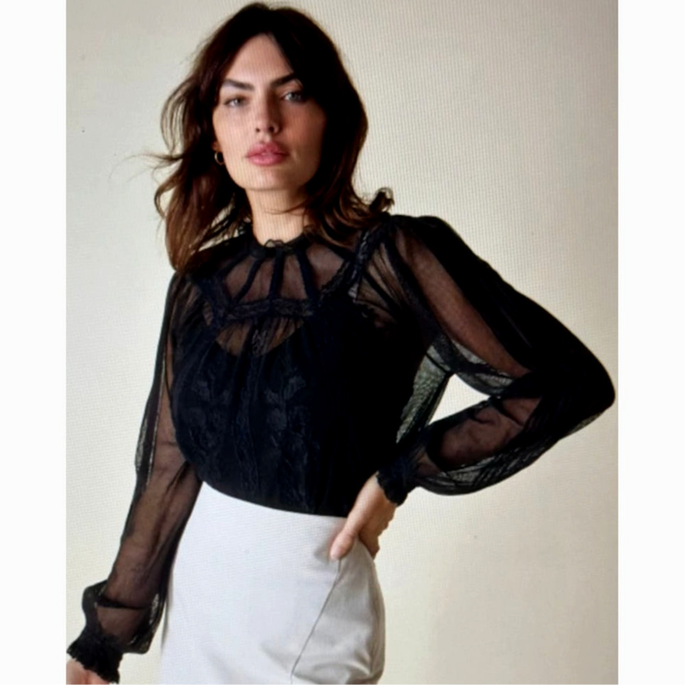St Roche Lace Embroidered Ruffle Neck Flores Top Black 6 - Picture 11 of 12